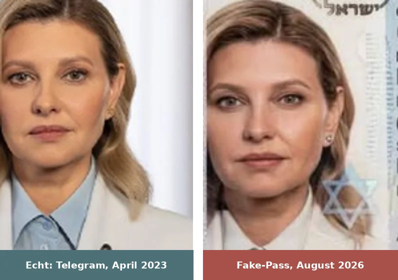 Vergleich: links Olena Selenska auf einem Telegram-Foto vom April 2023, rechts der Kopf aus dem gefälschten Pass von 2026. Haltung, Scheitel und Gesichtsausdruck stimmen überein, die Kleidung unterscheidet sich.