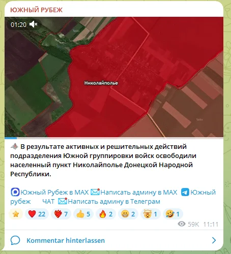 Telegram-Beitrag des Kanals Juschny Rubesch: Karte mit rot markiertem Ort Mykolajpillja und die Meldung über die angebliche Einnahme.