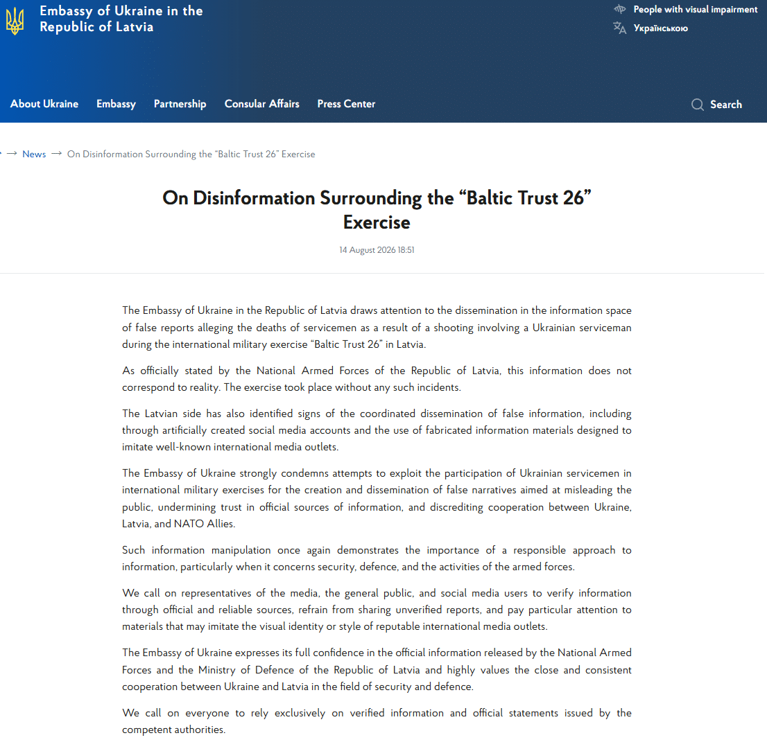 Erklärung der Botschaft der Ukraine in Lettland vom 14. August 2026, 18:51 Uhr, mit dem Titel „On Disinformation Surrounding the Baltic Trust 26 Exercise“.