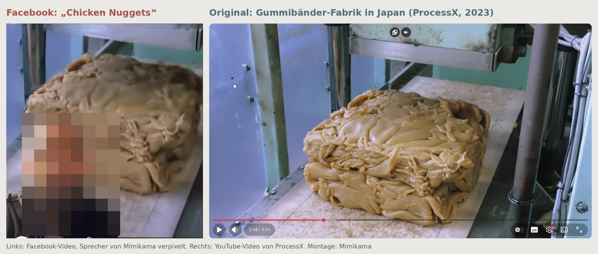 Gegenüberstellung: links der Ausschnitt aus dem Facebook-Video, rechts dieselbe Szene im YouTube-Video von ProcessX aus einer japanischen Gummiringerl-Fabrik.