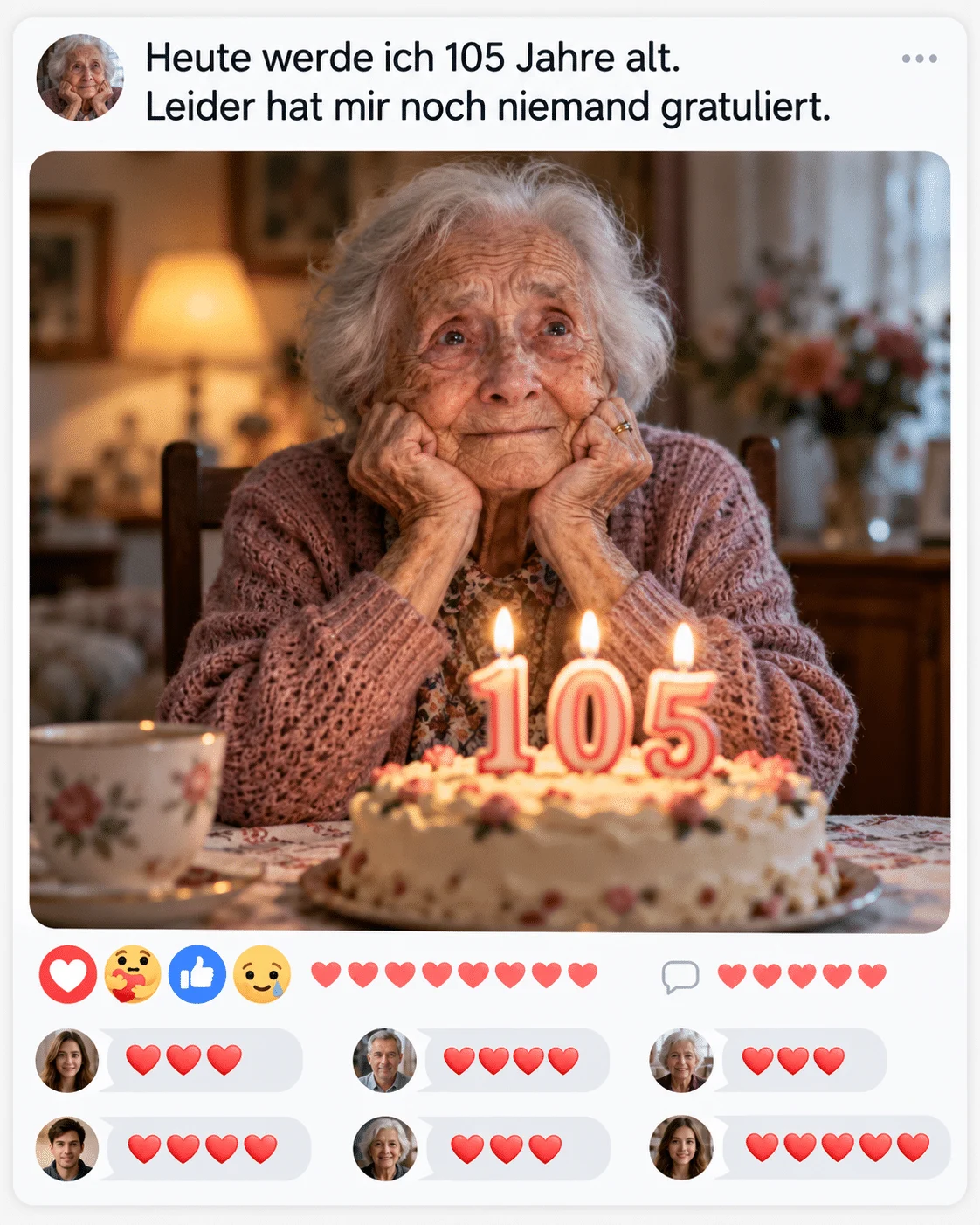 KI-generiertes Bild: ältere Frau vor einer Torte mit der Kerzenzahl 105, darüber der Text „Heute werde ich 105 Jahre alt. Leider hat mir noch niemand gratuliert.“, darunter viele Herz-Kommentare
