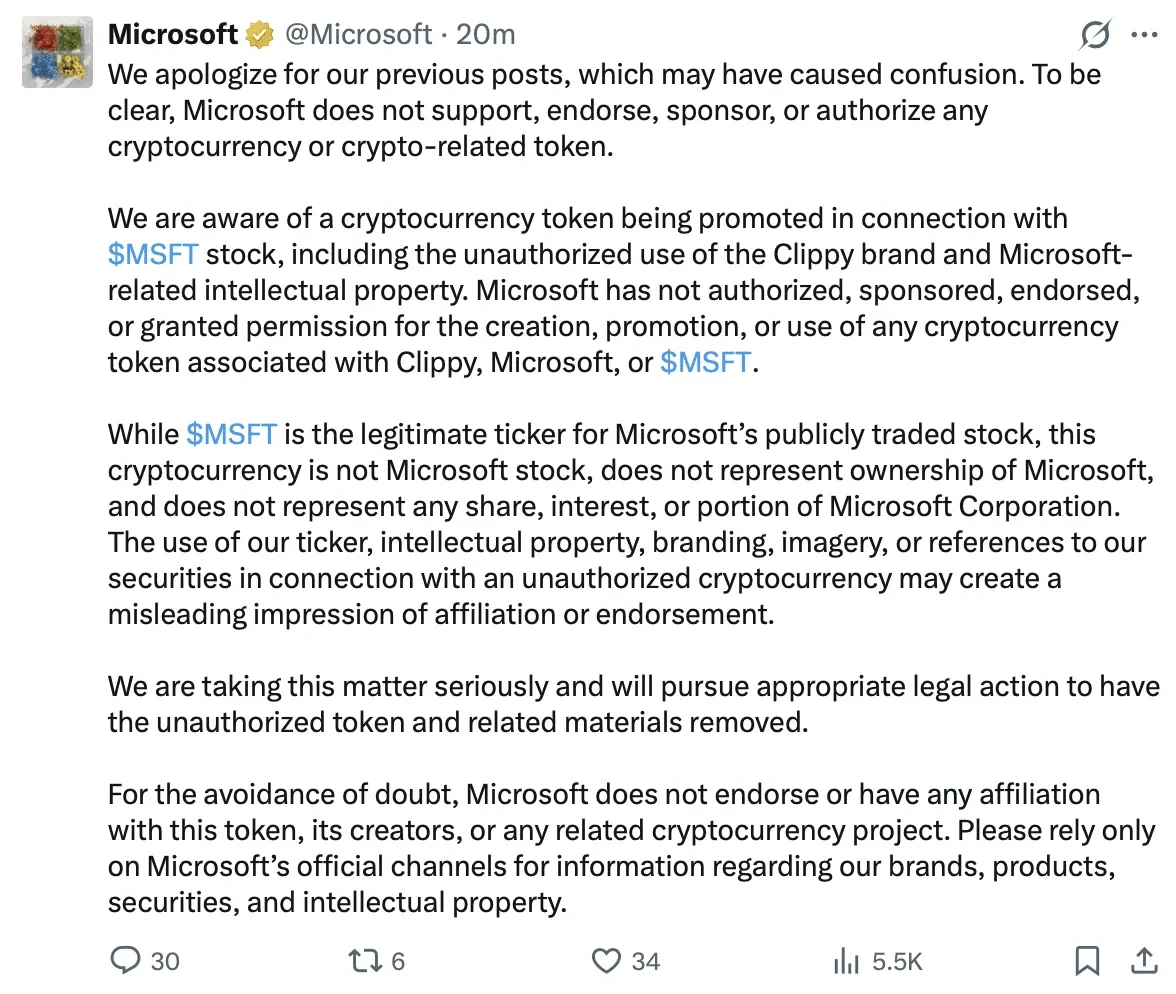 Längerer Beitrag auf dem Account @Microsoft: Microsoft entschuldigt sich für vorherige Beiträge, distanziert sich von jedem Krypto-Token rund um Clippy, Microsoft oder $MSFT und kündigt rechtliche Schritte an.