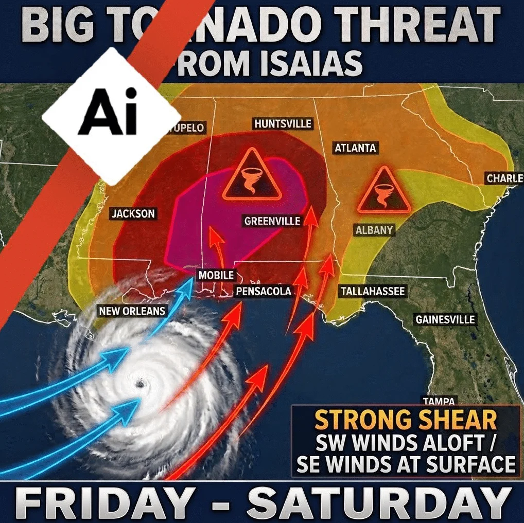 KI-generierte Wetterkarte mit der Aufschrift BIG TORNADO THREAT FROM ISAIAS