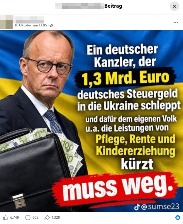Facebook-Grafik mit der Behauptung, der Bundeskanzler finanziere 1,3 Milliarden Euro Ukraine-Hilfe durch Kürzungen bei Sozialleistungen.