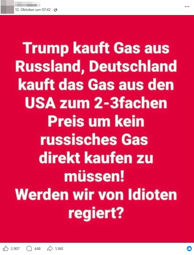 Facebook-Beitrag mit der Behauptung, Trump kaufe russisches Gas und Deutschland beziehe dieses aus den USA zum zwei- bis dreifachen Preis.