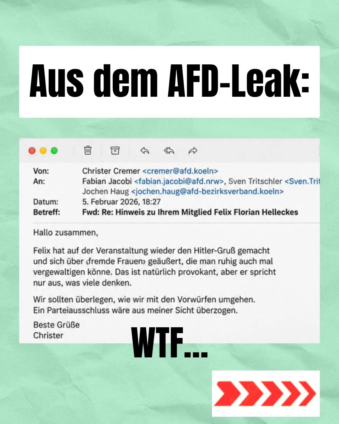 Grafik mit einem Christer Cremer fälschlich zugeschriebenen Mailtext