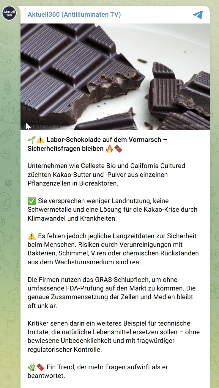 Telegram-Beitrag von Aktuell360 mit Warnungen vor Verunreinigungen und Kritik am US-GRAS-Verfahren.