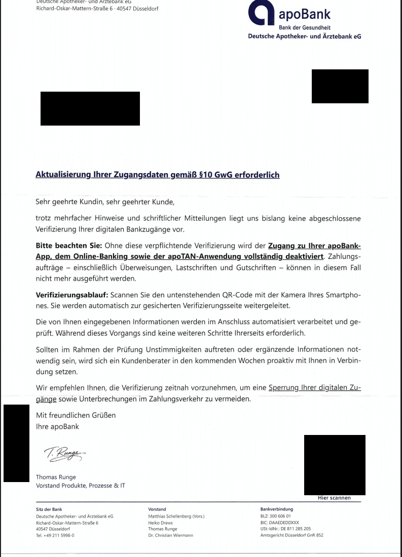 Gefälschter apoBank-Brief mit angeblicher Verifizierung und Sperrdrohung