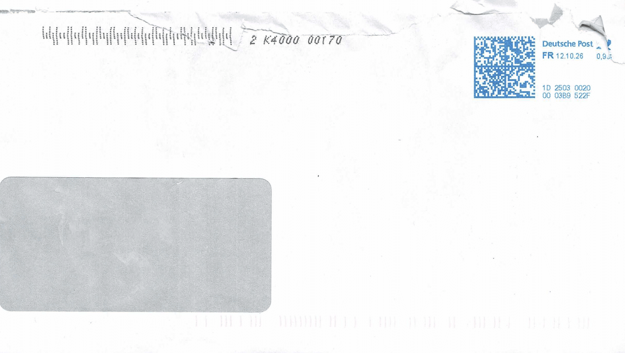 Umschlag mit Frankierung vom 12. Oktober 2026
