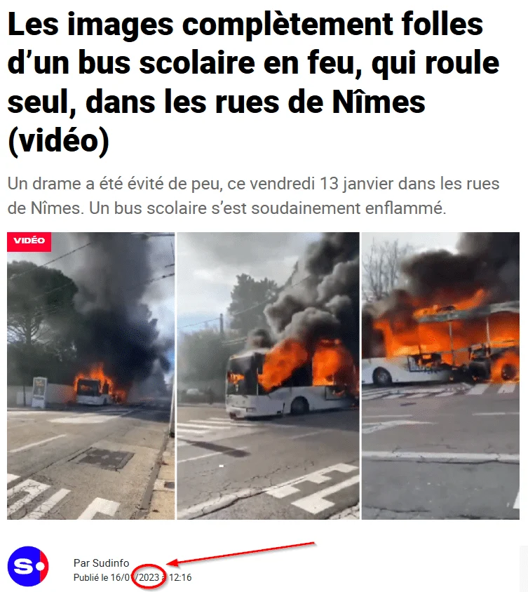 Screenshot des Sudinfo-Artikels mit Bildern des brennenden Schulbusses in Nîmes und markiertem Veröffentlichungsdatum 16. Jänner 2023