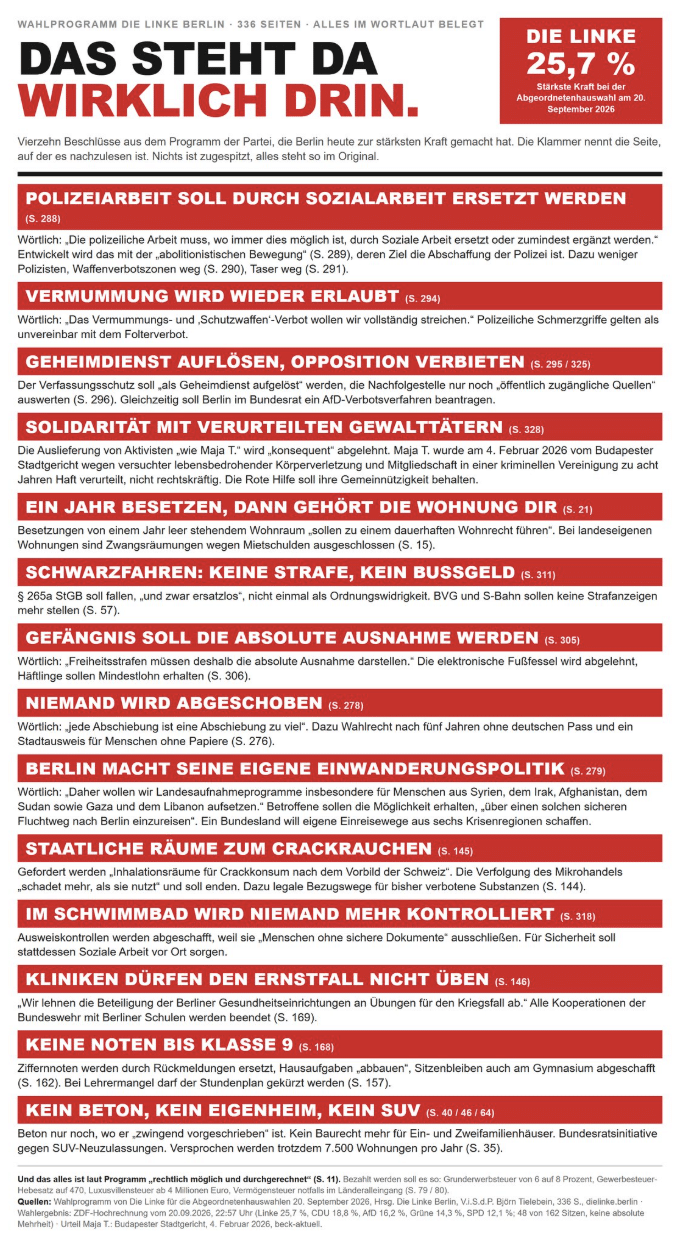 Untersuchte Grafik mit 14 roten Überschriften über das Wahlprogramm der Berliner Linken
