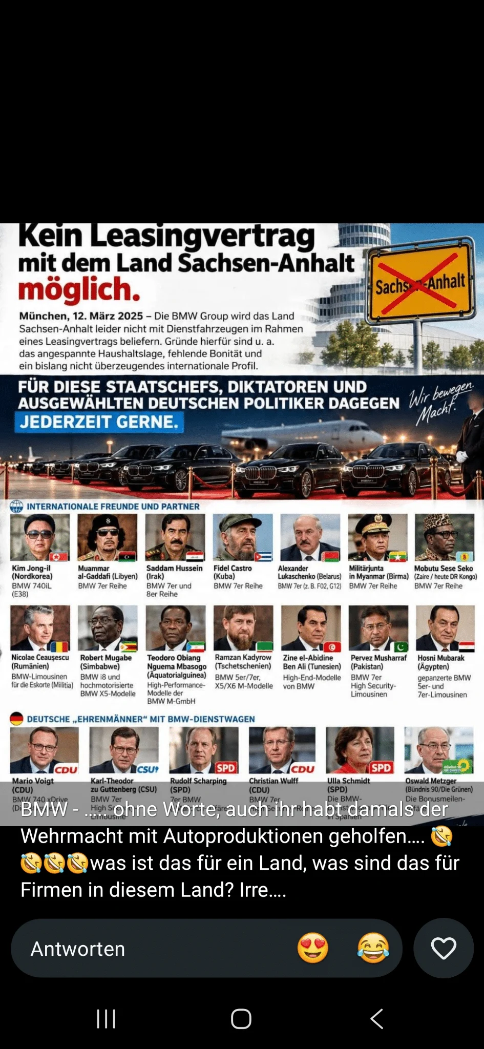 Eingesandter Screenshot einer Grafik über angeblich unmögliche BMW-Leasingverträge mit Sachsen-Anhalt und eine Liste von Politikern und Machthabern.