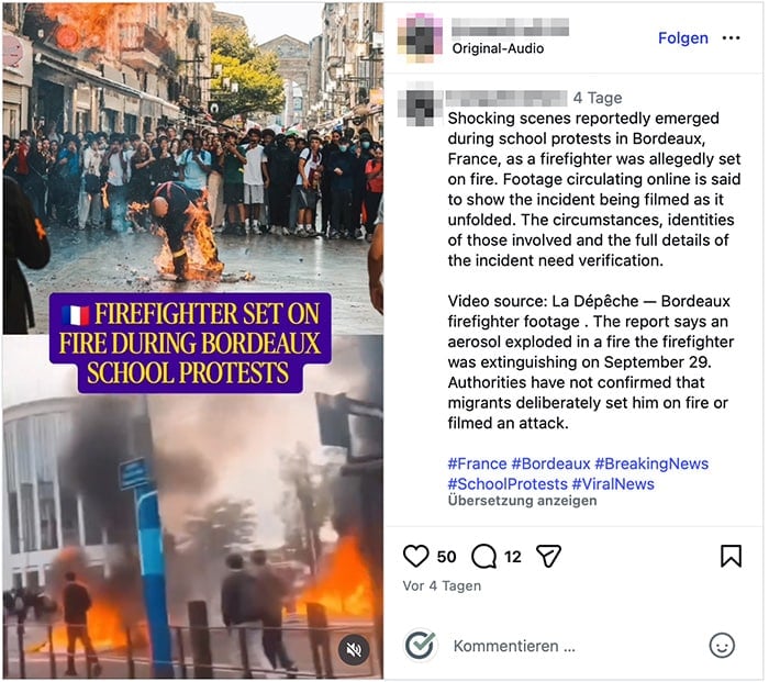 Instagram-Beitrag zum brennenden Feuerwehrmann bei Schülerprotesten in Bordeaux