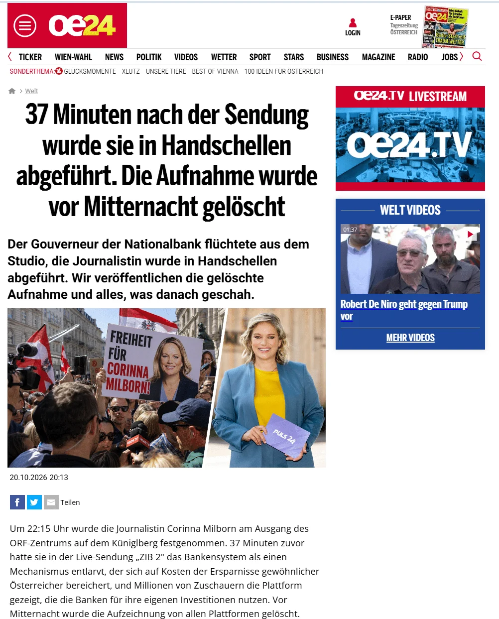 Nachgebaute oe24-Seite mit falscher Festnahmegeschichte über Corinna Milborn