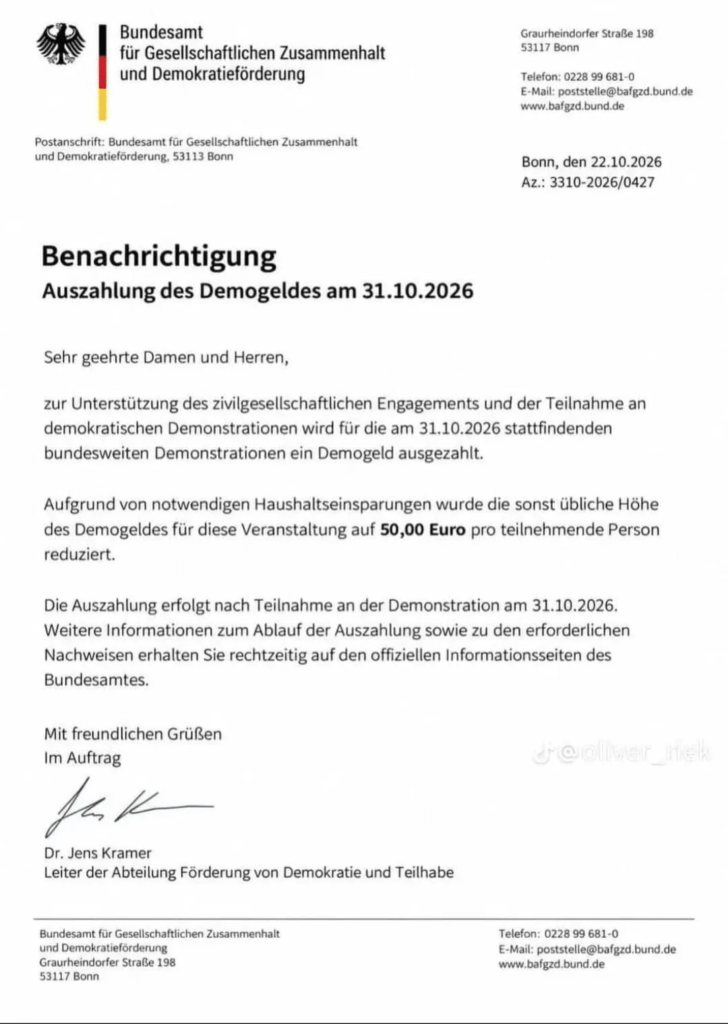 50 Euro Demogeld? Schreiben zum 31. Oktober ist ein Fake