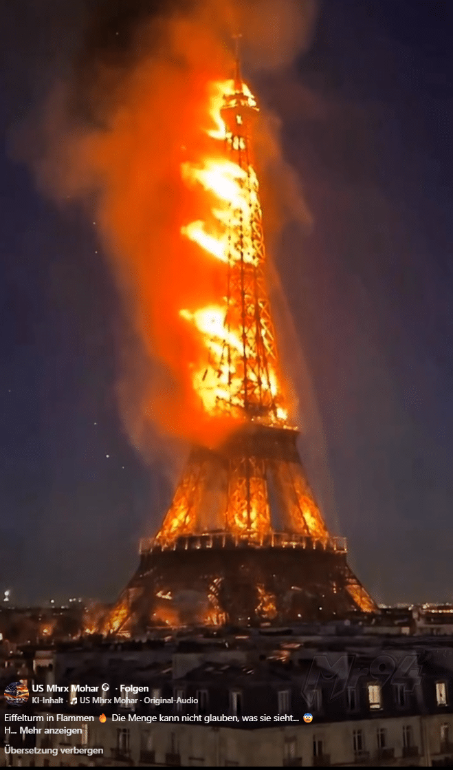 Screenshot der verbreiteten Szene mit Flammen am Eiffelturm und der Kennzeichnung KI-Inhalt.
