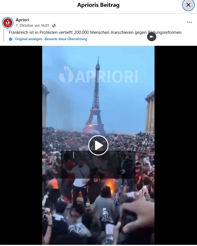 Apriori-Beitrag vom 7. Oktober mit der Eiffelturm-Szene und einer Zuordnung zu Bildungsprotesten