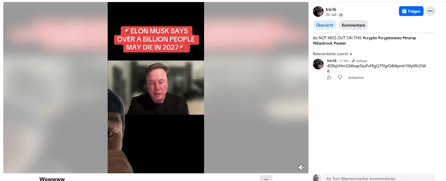 Facebook-Post mit dem manipulierten Elon-Musk-Video und einer USWR-Vertragsadresse in den Kommentaren