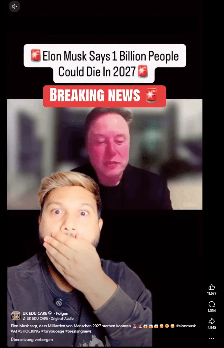 Facebook-Reel mit Elon Musk und der Behauptung, eine Milliarde Menschen könnten 2027 sterben