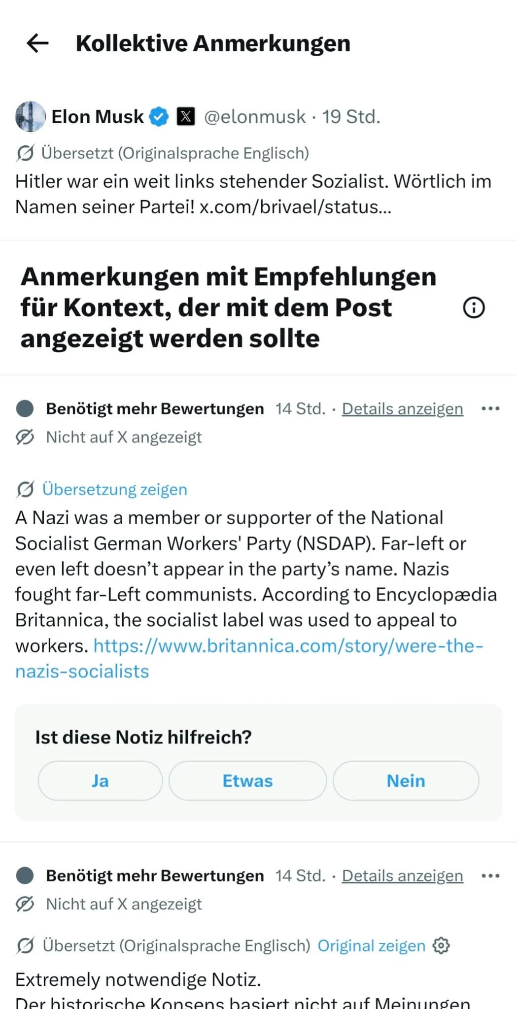 Community-Notes-Ansicht zu Musks Beitrag mit einem Korrekturvorschlag im Status Benötigt mehr Bewertungen und Nicht auf X angezeigt.