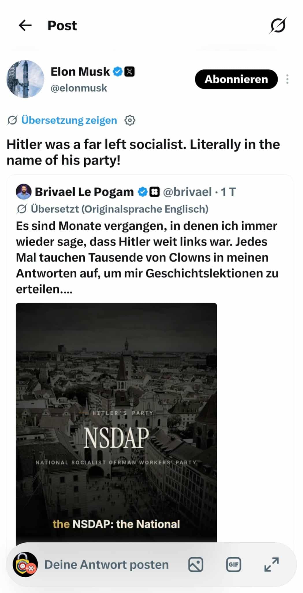Screenshot des Elon Musk zugeschriebenen X-Beitrags: Hitler sei ein weit links stehender Sozialist gewesen.