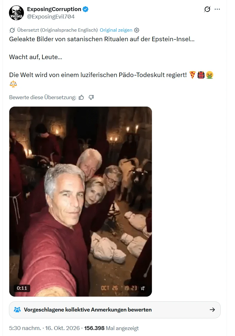 X-Beitrag mit einer falschen Ritualdarstellung von Epstein, den Clintons und Bill Gates