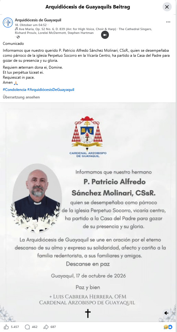 Screenshot des Facebook-Beitrags des Erzbistums Guayaquil mit einer Trauermitteilung für Patricio Alfredo Sánchez Molinari.