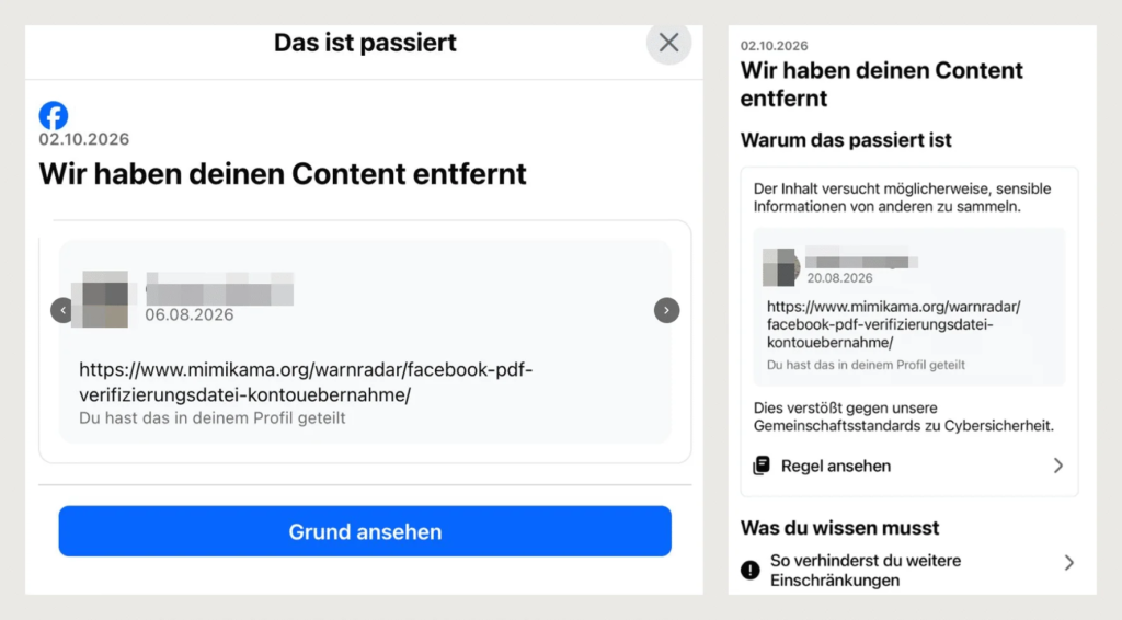 Facebook löscht Mimikama-Warnung vor Phishing-Masche