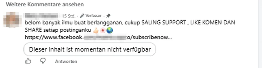 Indonesischer Kommentar des Profils unter einem eigenen Beitrag mit dem Aufruf, jeden Beitrag zu liken, zu kommentieren und zu teilen, und einem Link zu einer Abo-Seite. Name und Profilbild verpixelt.