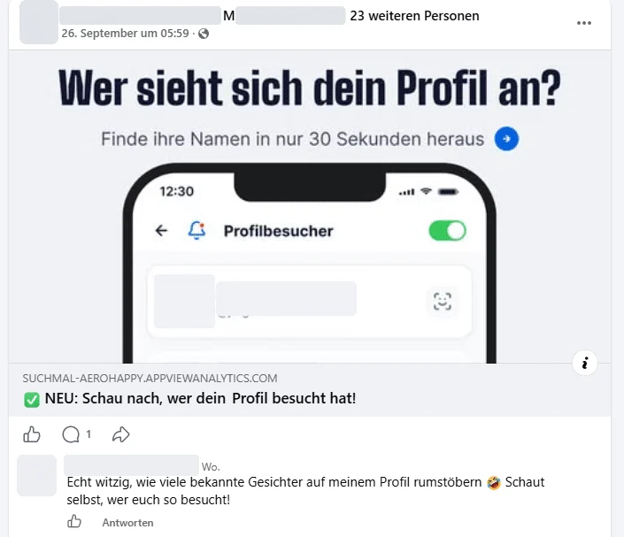 Anonymisierter Facebook-Beitrag mit Werbung für eine vermeintliche Profilbesucherfunktion und Hinweis auf 23 weitere markierte Personen