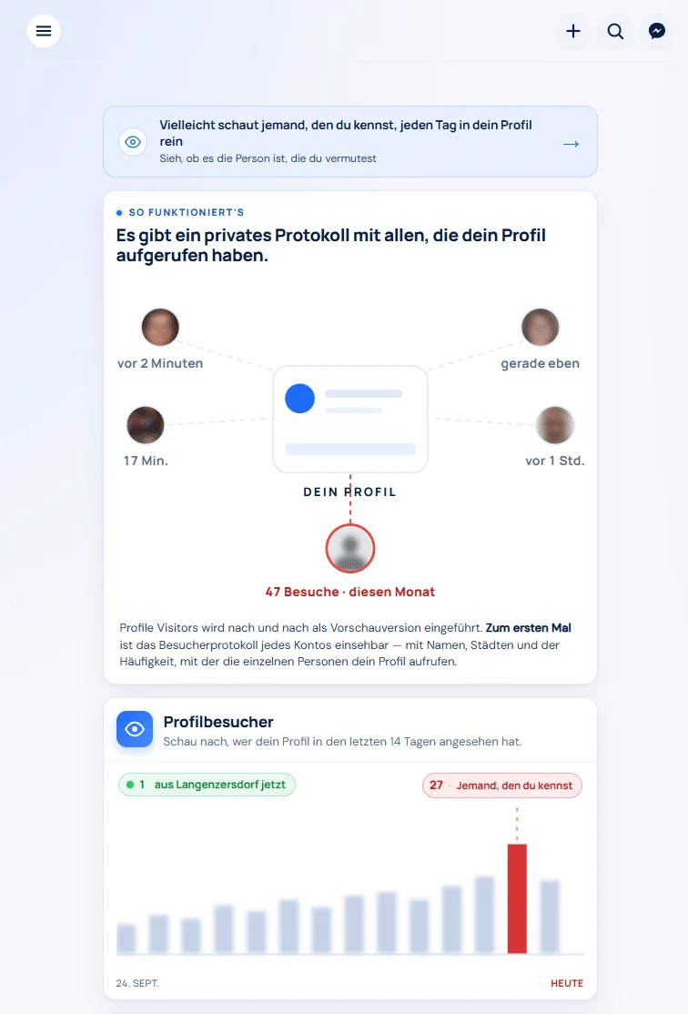 Screenshot der untersuchten Webseite mit angeblich 47 Facebook-Profilbesuchen und einer Besuchergrafik