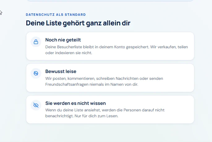 Screenshot der Datenschutzversprechen der untersuchten Webseite unter der Überschrift Deine Liste gehört ganz allein dir