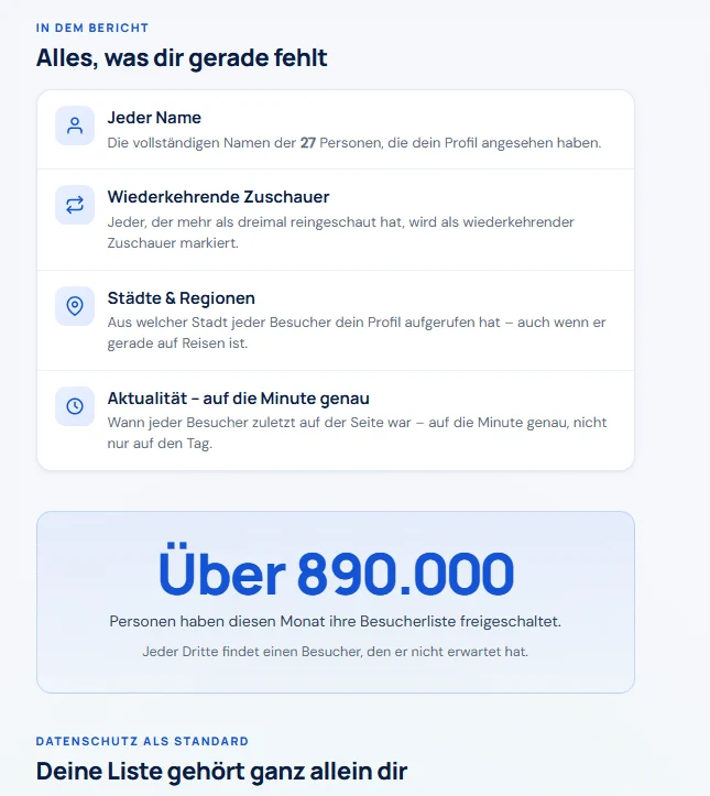 Screenshot mit angeblich 27 bekannten Profilbesuchern, versprochenen Ortsangaben und der Zahl 890.000