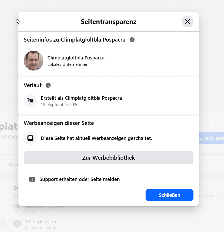 Facebook-Seitentransparenz der Seite Climplatgloltbla Pospacra