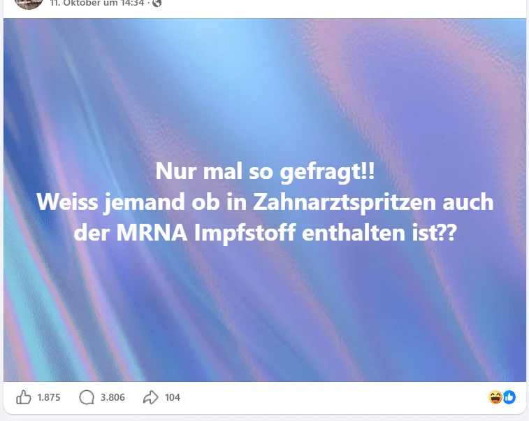 Facebook-Beitrag mit der Frage, ob Zahnarztspritzen mRNA-Impfstoff enthalten. Zum Aufnahmezeitpunkt werden 3.806 Kommentare angezeigt.
