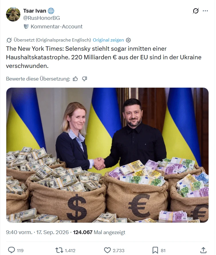 Beitrag auf X vom 17. September 2026 mit automatischer deutscher Übersetzung, der sich auf die New York Times beruft. Darunter dasselbe Bild mit Selenskyj, einer EU-Politikerin und Geldsäcken.