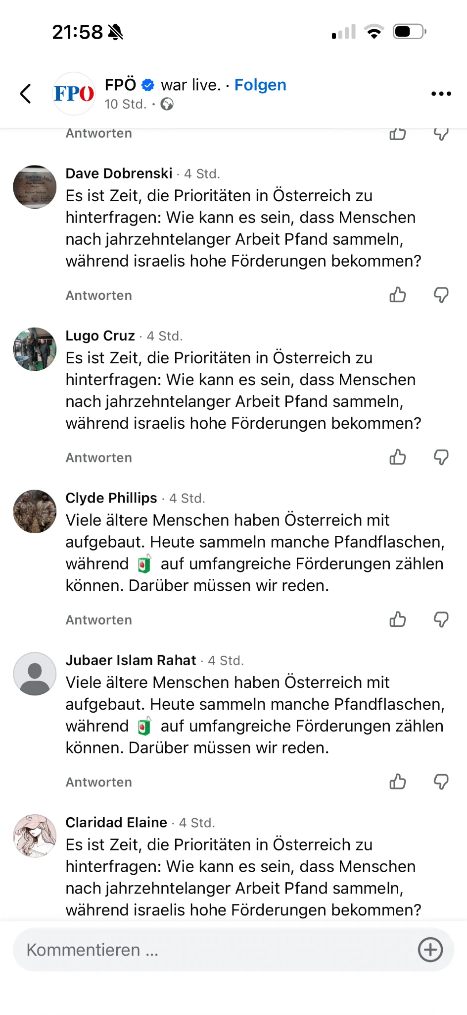 Facebook-Ansicht aus der Dokumentation des Ausgangsfalls