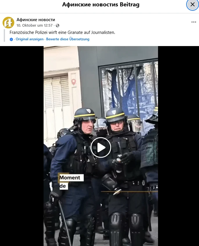 Facebook-Beitrag vom 10. Oktober mit der älteren Polizeiszene und einer Behauptung über einen Granatenwurf auf Journalisten