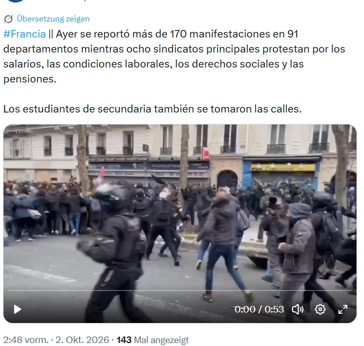 Spanischsprachiger Beitrag vom 2. Oktober 2026 mit einem Video eines Polizeieinsatzes in Frankreich