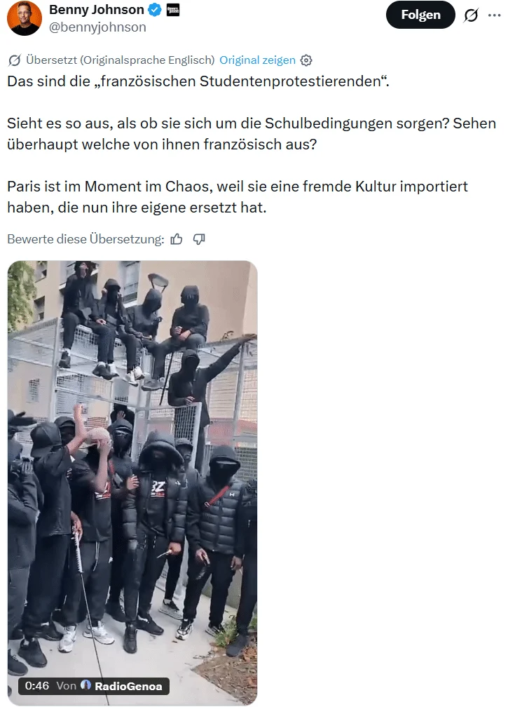 Screenshot des X-Beitrags von Benny Johnson mit deutscher Übersetzung und demselben Videomotiv