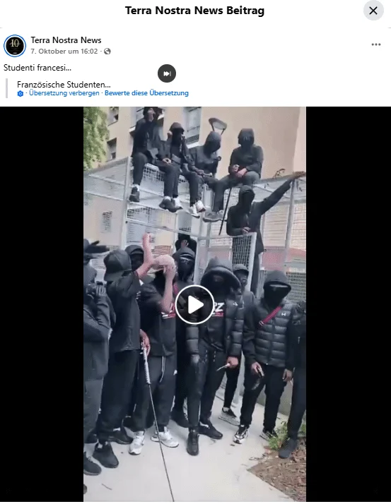 Facebook-Beitrag von Terra Nostra News mit dem Text Studenti francesi und einem Standbild des Clips