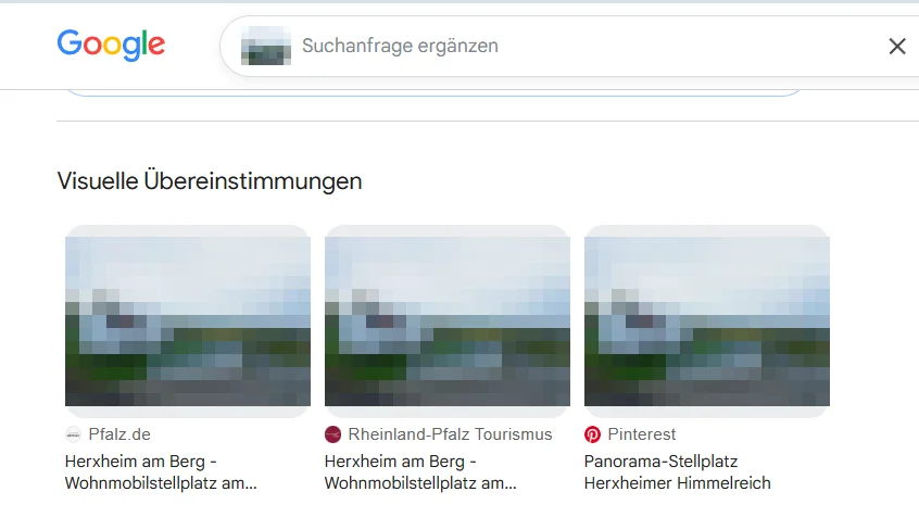 Google-Bildersuche mit drei visuellen Übereinstimmungen auf Pfalz.de, Rheinland-Pfalz Tourismus und Pinterest, jeweils zum Wohnmobilstellplatz in Herxheim am Berg. Vorschaubilder verpixelt.