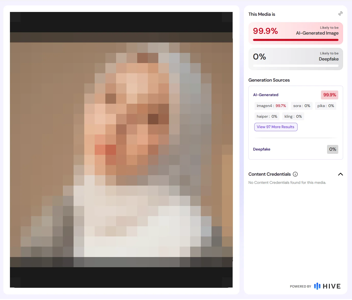Ergebnis des KI-Detektors Hive für das Profilbild: 99,9 Prozent wahrscheinlich KI-generiert, als Quelle imagen4 mit 99,7 Prozent, Deepfake 0 Prozent. Gesicht verpixelt.