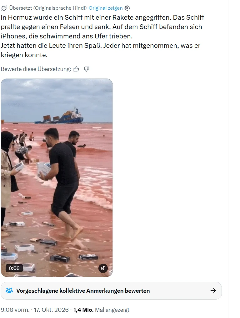 X-Beitrag vom 17. Oktober 2026 mit übersetzter Behauptung und einem Videobild von Menschen mit Schachteln am rötlichen Wasser