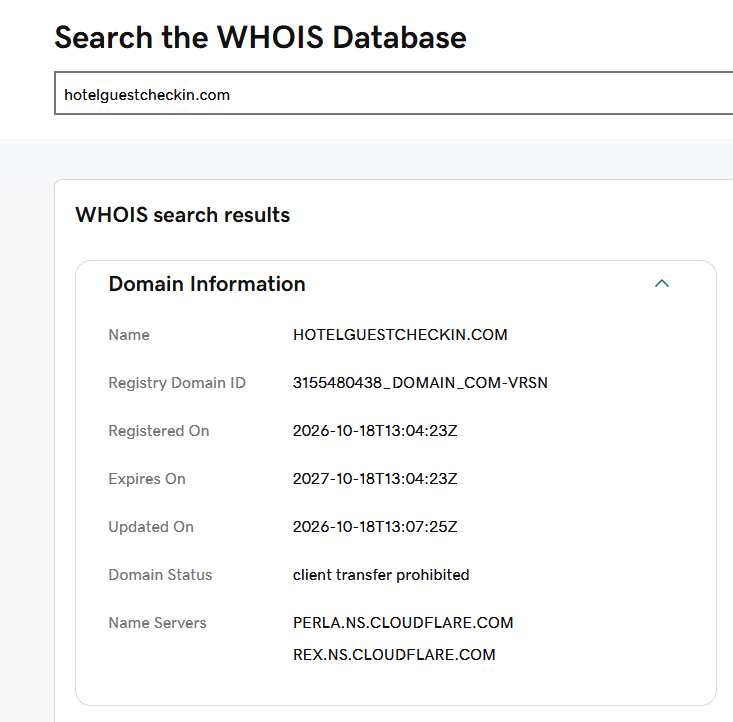 WHOIS-Abfrage zu hotelguestcheckin.com mit Registrierungsdatum 18. Oktober 2026