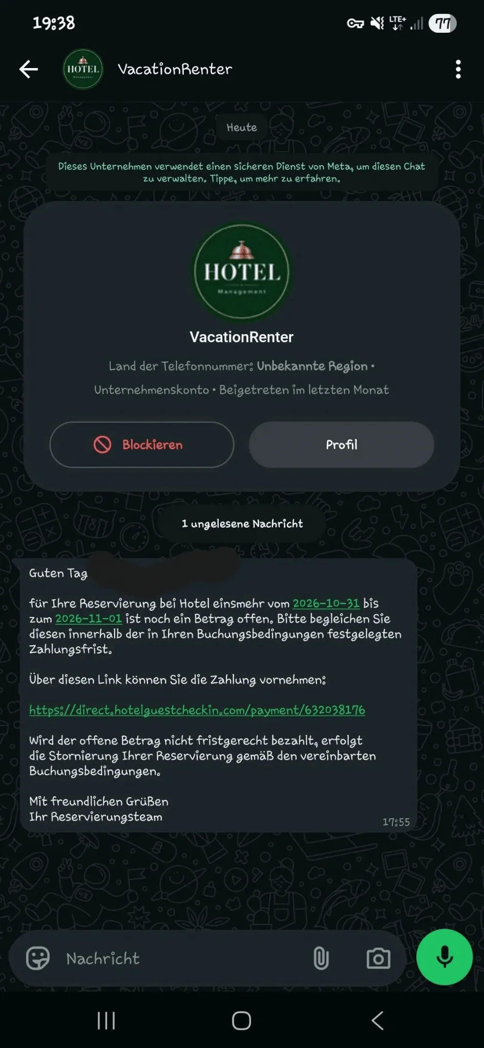 WhatsApp-Nachricht mit Zahlungslink und angedrohter Stornierung einer Hotelbuchung