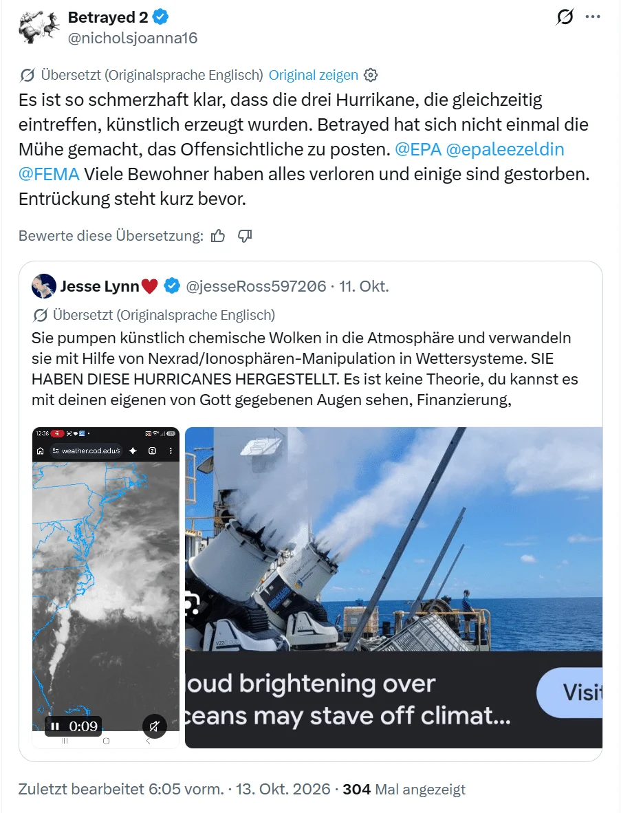 Screenshot eines deutsch übersetzten X-Beitrags, der drei Hurrikane als künstlich erzeugt bezeichnet und einen Beitrag mit Bildern zur Wolkenaufhellung einbettet.