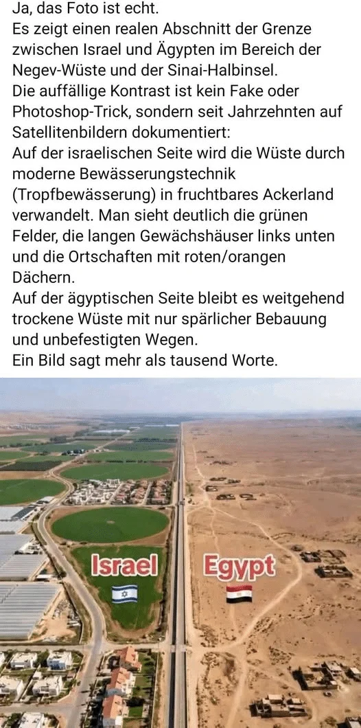 Screenshot eines Beitrags, der ein Bild mit grünen Feldern links und Wüste rechts als echtes Foto der Grenze zwischen Israel und Ägypten bezeichnet.