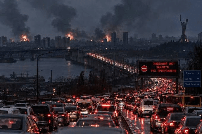 Angebliches Reuters-Foto von Kiew mit brennender Skyline, Brücke und dichtem Autoverkehr