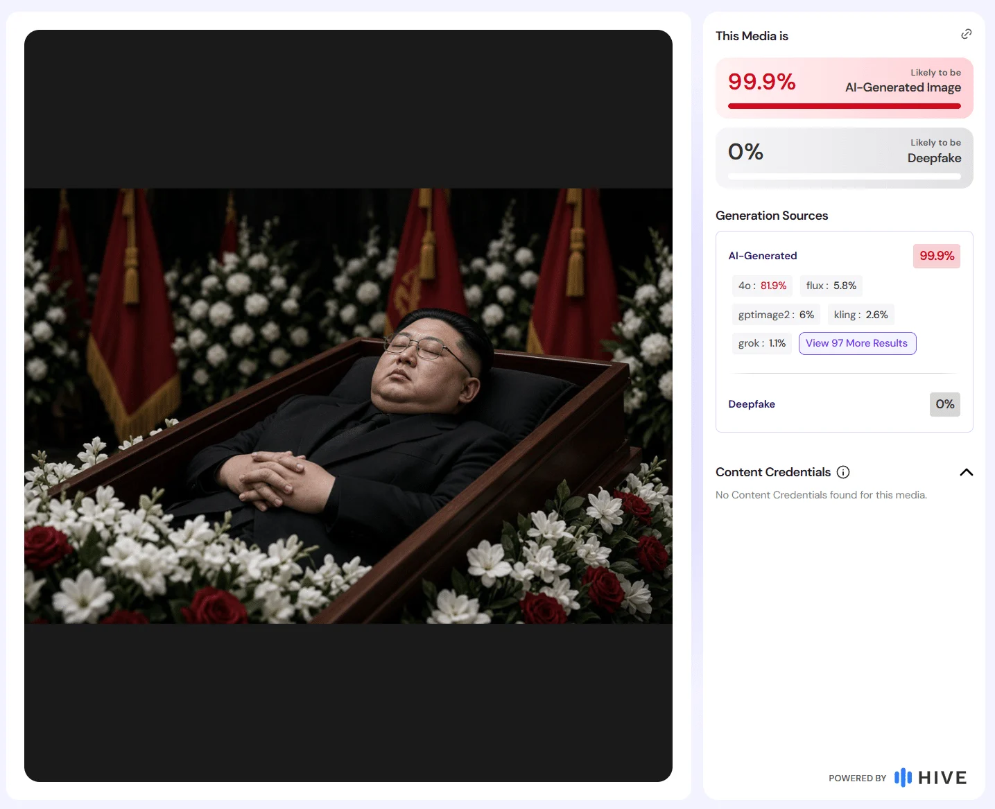 Hive-Auswertung des Sargbildes mit 99,9 Prozent für AI-Generated Image und 81,9 Prozent für die Modellzuordnung 4o.